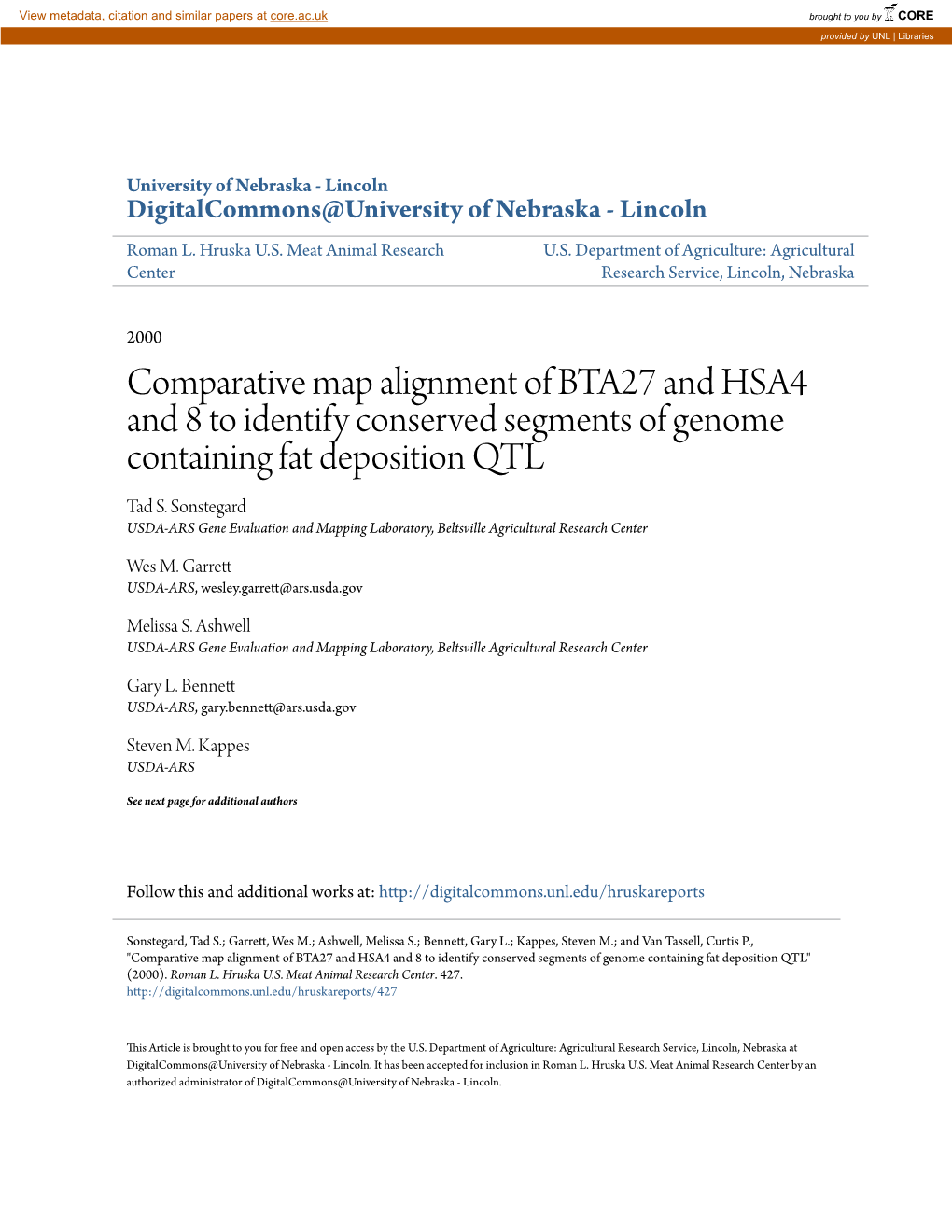 Comparative Map Alignment of BTA27 and HSA4 and 8 to Identify Conserved Segments of Genome Containing Fat Deposition QTL Tad S