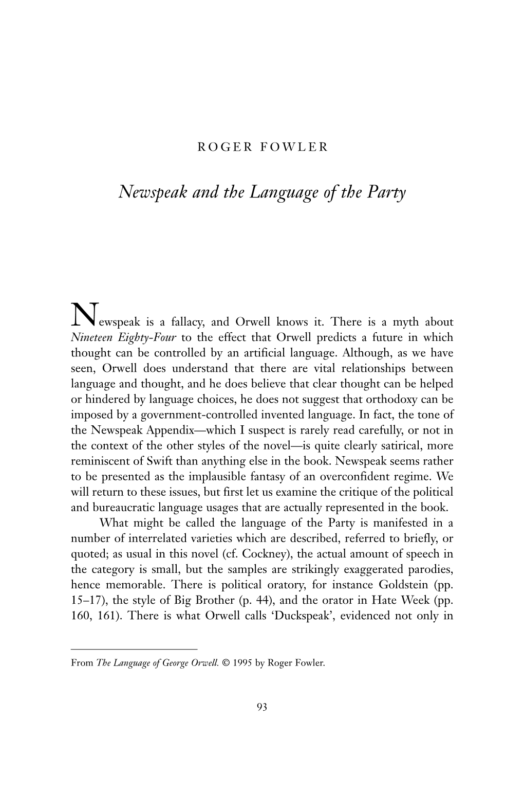 Newspeak and the Language of the Party