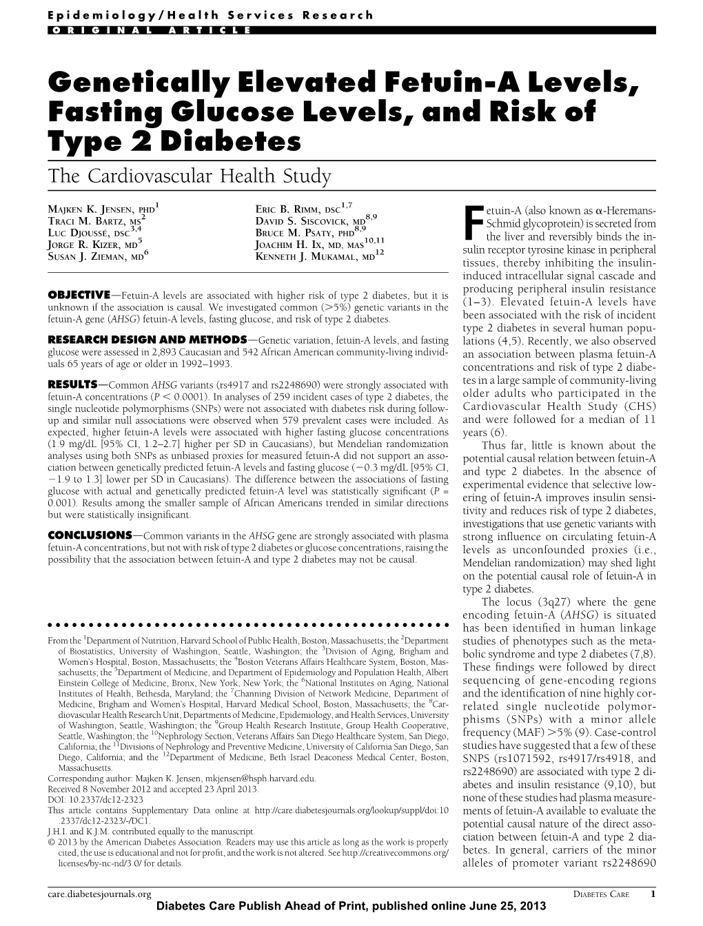 Genetically Elevated Fetuin-A Levels, Fasting Glucose Levels, and Risk of Type 2 Diabetes the Cardiovascular Health Study