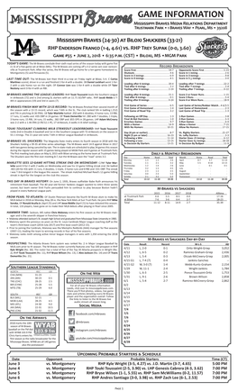 GAME INFORMATION Mississippi Braves Media Relations Department Trustmark Park • 1 Braves Way • Pearl, Ms • 39208
