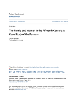 The Family and Women in the Fifteenth Century: a Case Study of the Pastons