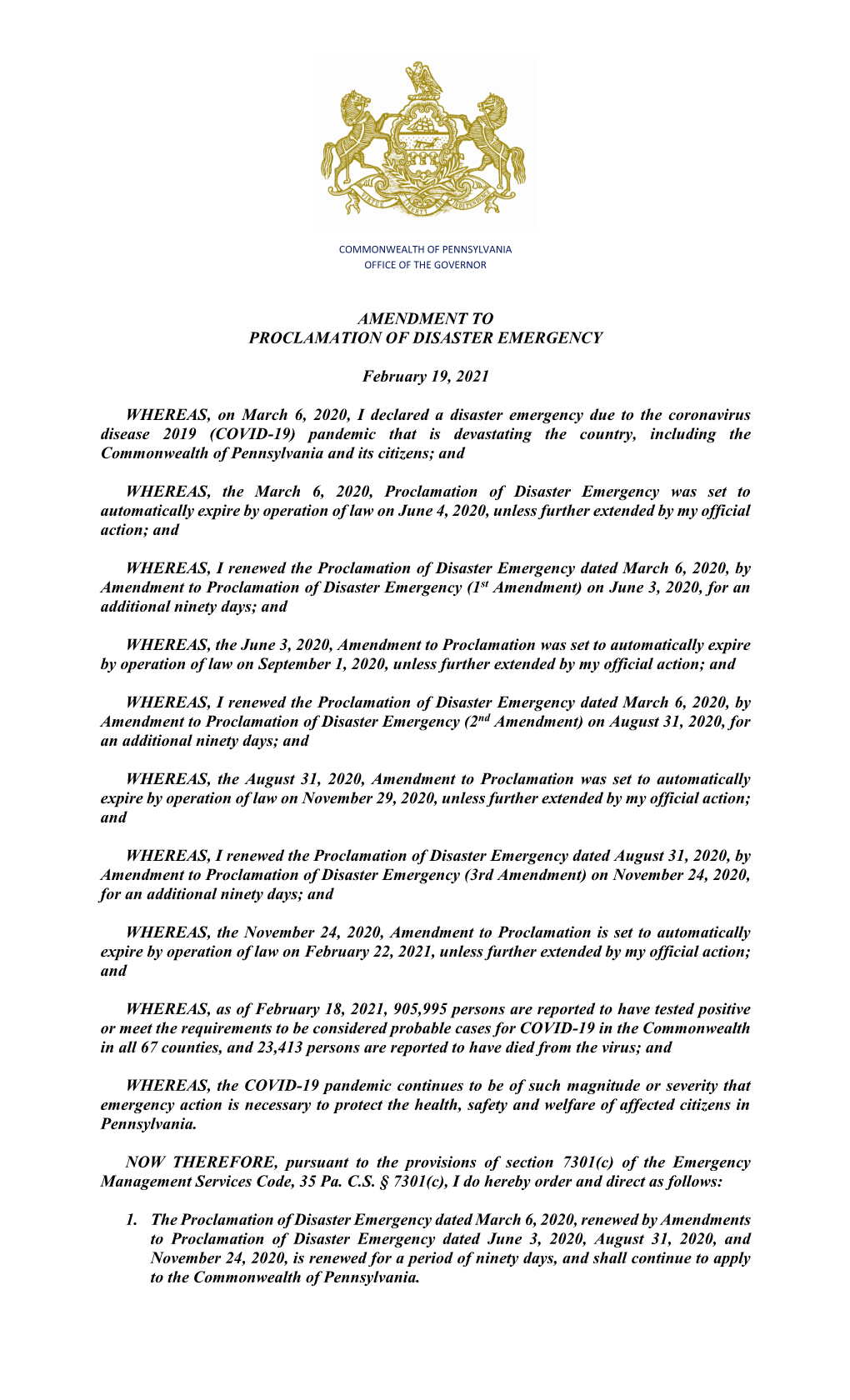 Amendment to Proclamation of Disaster Emergency