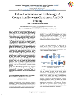 Future Communication Technology: a Comparison Between Claytronics and 3-D Printing Vijay Laxmi Kalyani, Divya Bansal
