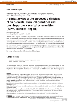 A Critical Review of the Proposed Definitions of Fundamental Chemical Quantities and Their Impact on Chemical Communities (IUPAC Technical Report)