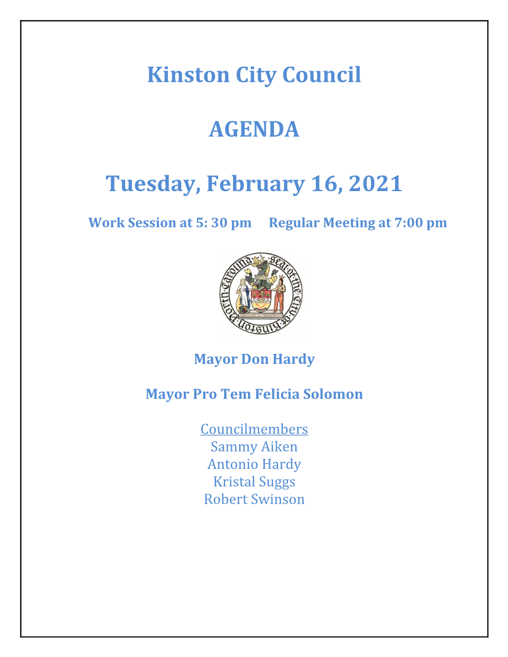 Kinston City Council Agenda Tuesday, February 16, 2021