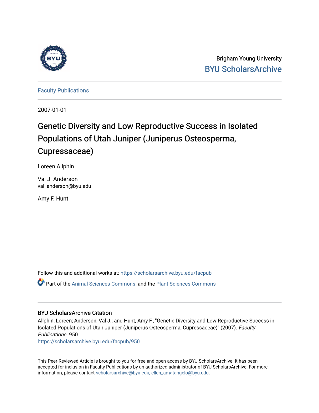 Genetic Diversity and Low Reproductive Success in Isolated Populations of Utah Juniper (Juniperus Osteosperma, Cupressaceae)