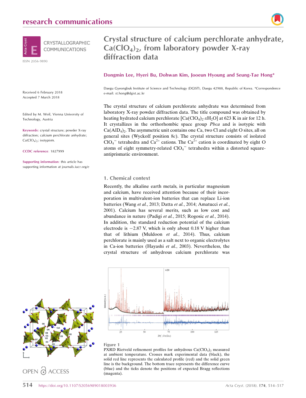 Crystal Structure of Calcium Perchlorate Anhydrate, Ca (Clo4) 2