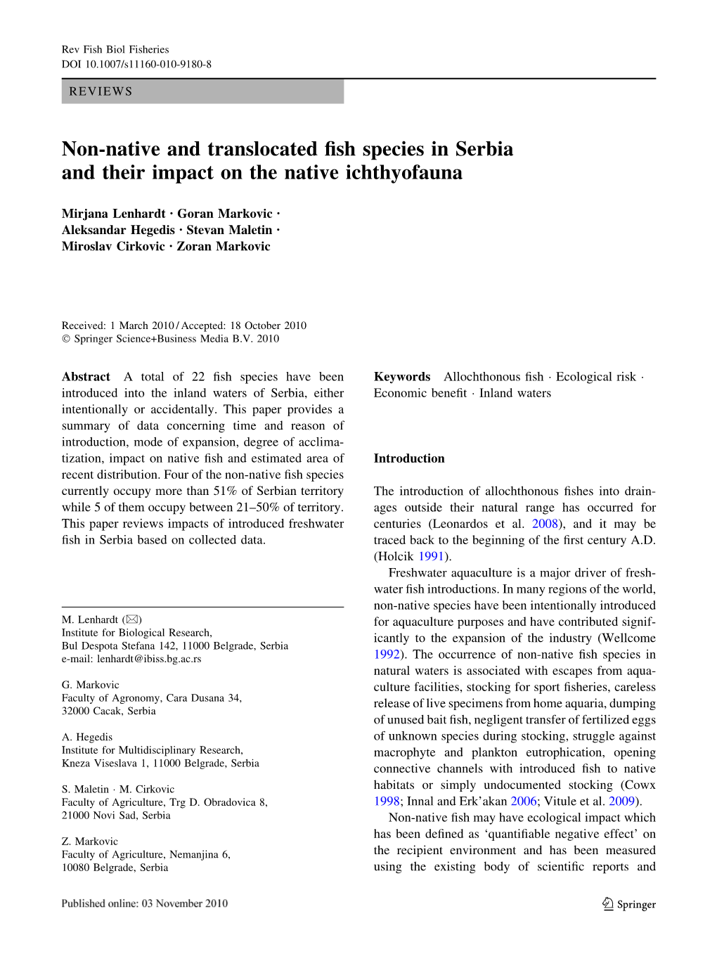 Non-Native and Translocated Fish Species in Serbia and Their Impact