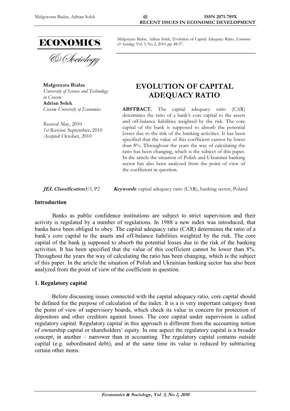 Evolution of Capital Adequacy Ratio, Economics & Sociology, Vol