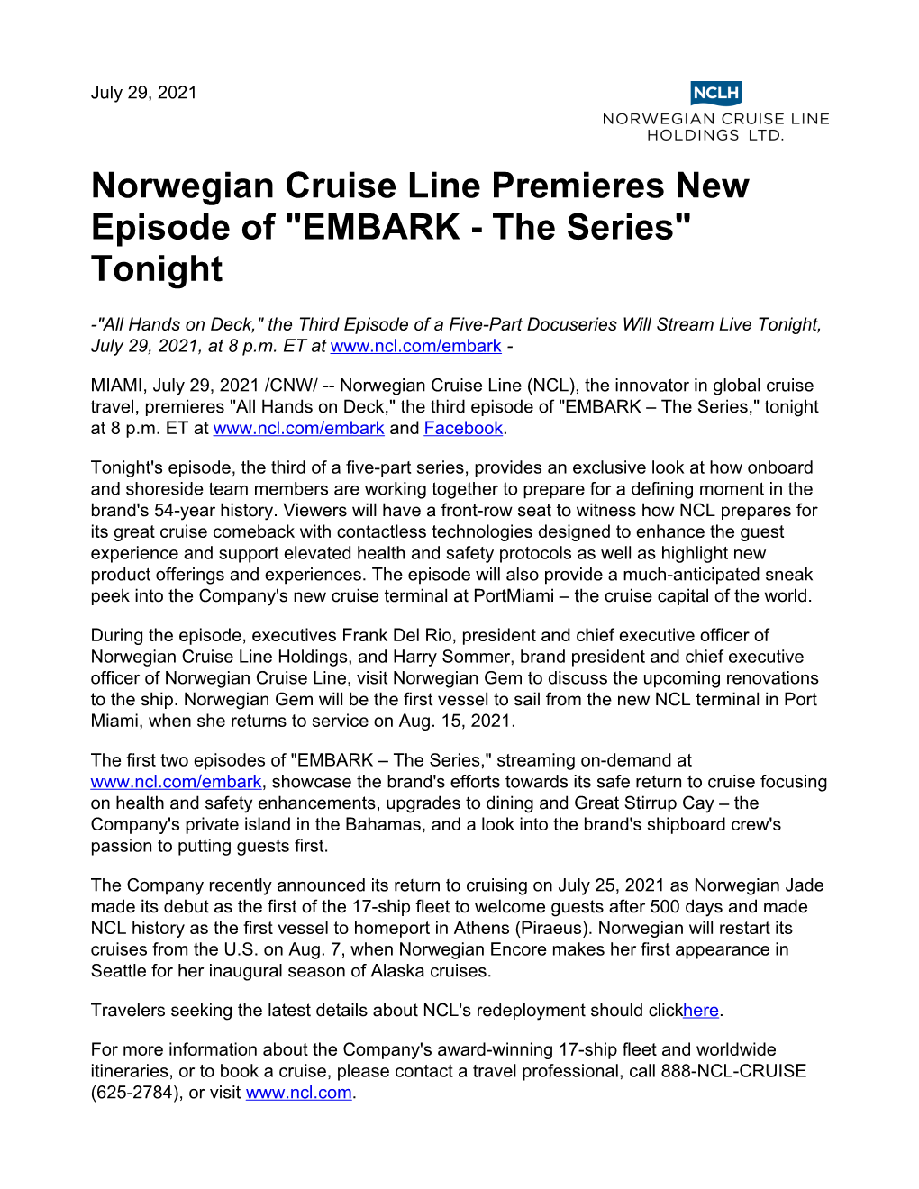 Norwegian Cruise Line Premieres New Episode of "EMBARK - the Series" Tonight