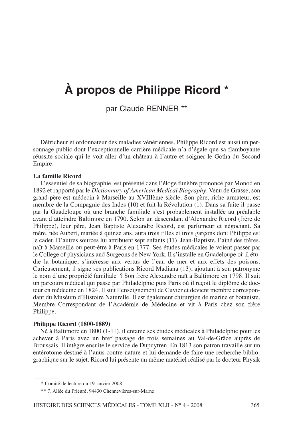 À Propos De Philippe Ricord *