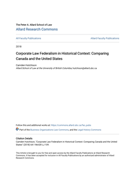 Corporate Law Federalism in Historical Context: Comparing Canada and the United States