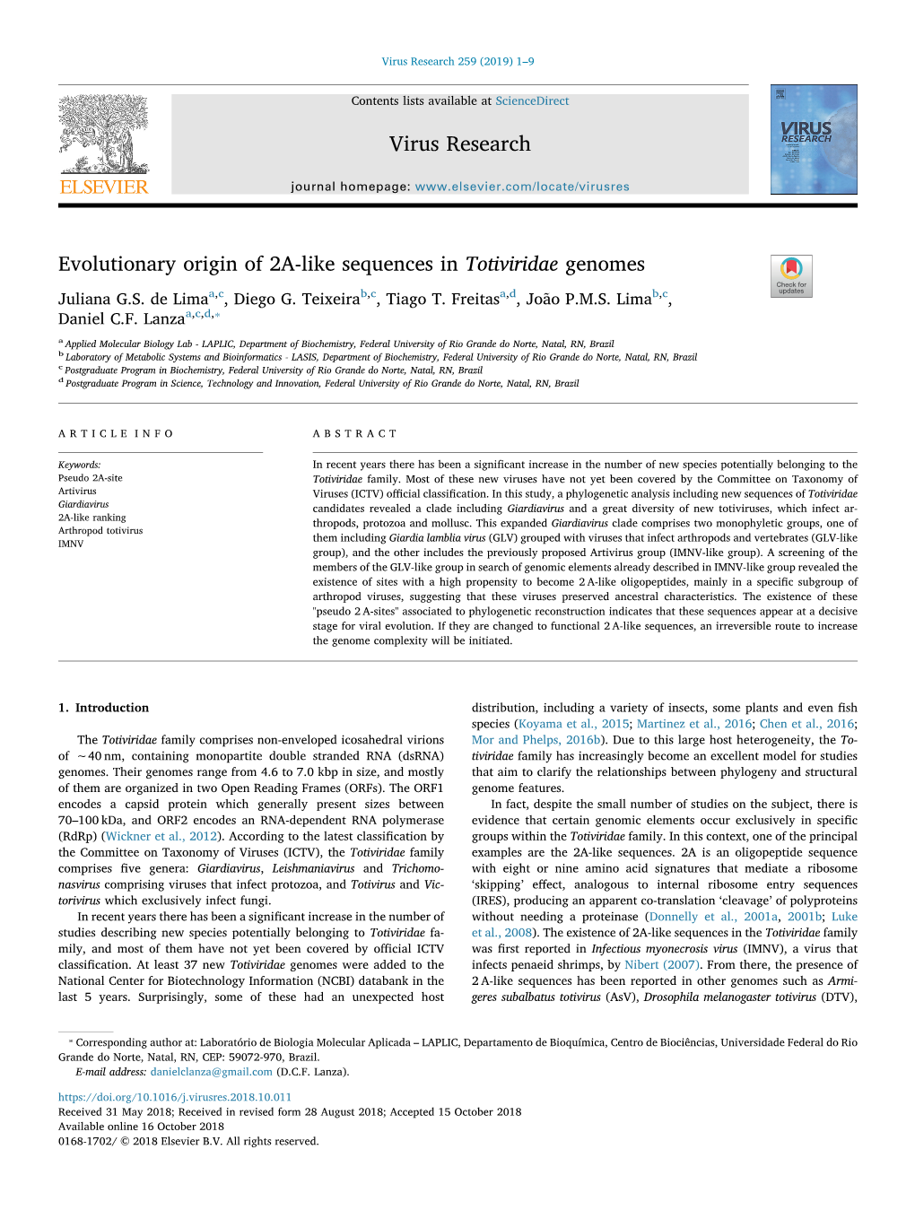 Evolutionary Origin of 2A-Like Sequences in Totiviridae Genomes T Juliana G.S