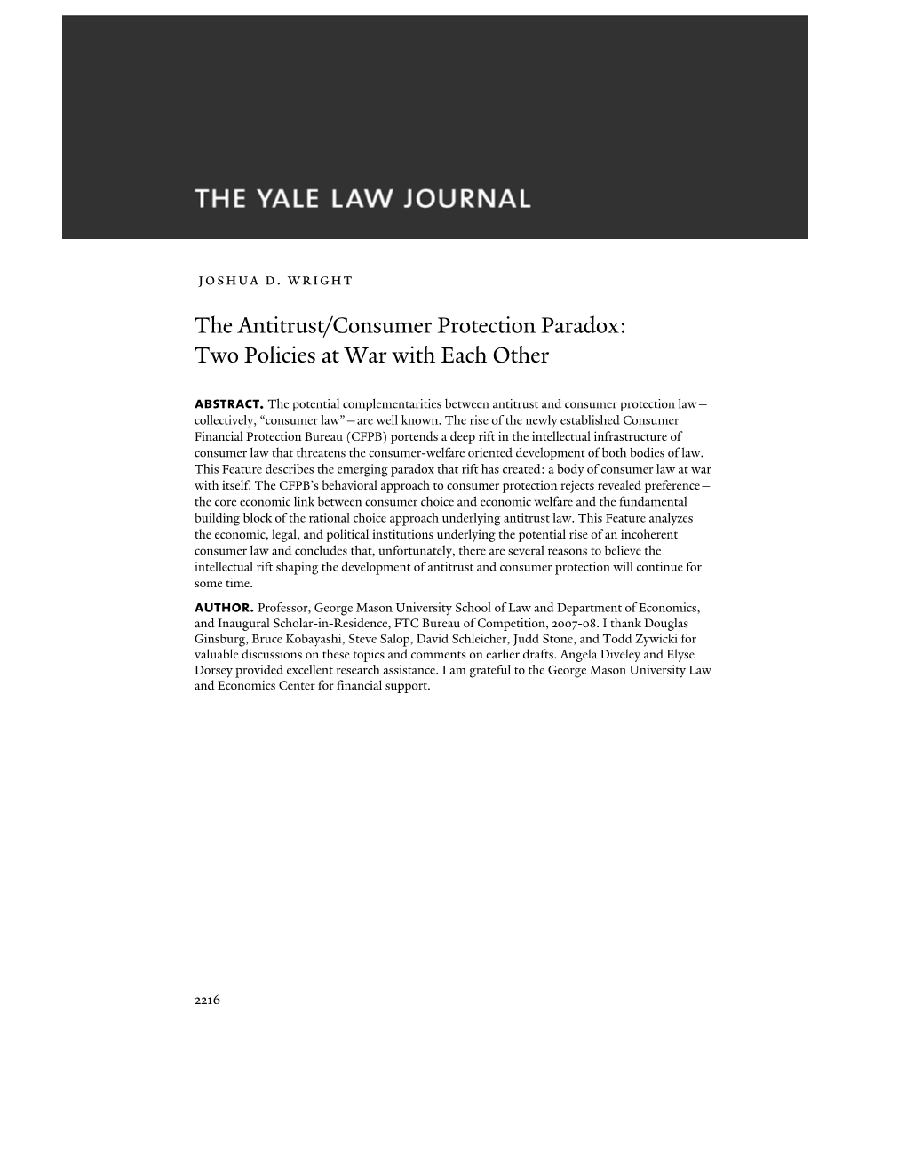 The Antitrust/Consumer Protection Paradox: Two Policies at War with Each Other Abstract
