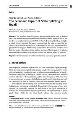 The Economic Impact of State Splitting in Brazil Received June 16, 2020; Accepted October 1, 2020