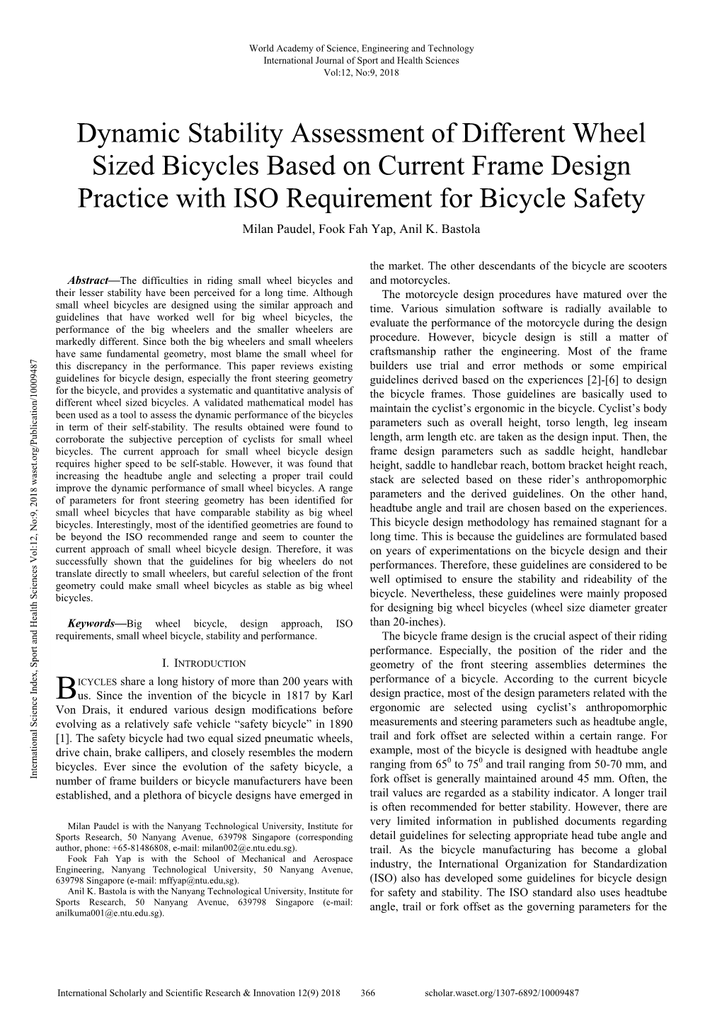 Dynamic Stability Assessment of Different Wheel Sized Bicycles Based on Current Frame Design Practice with ISO Requirement for B