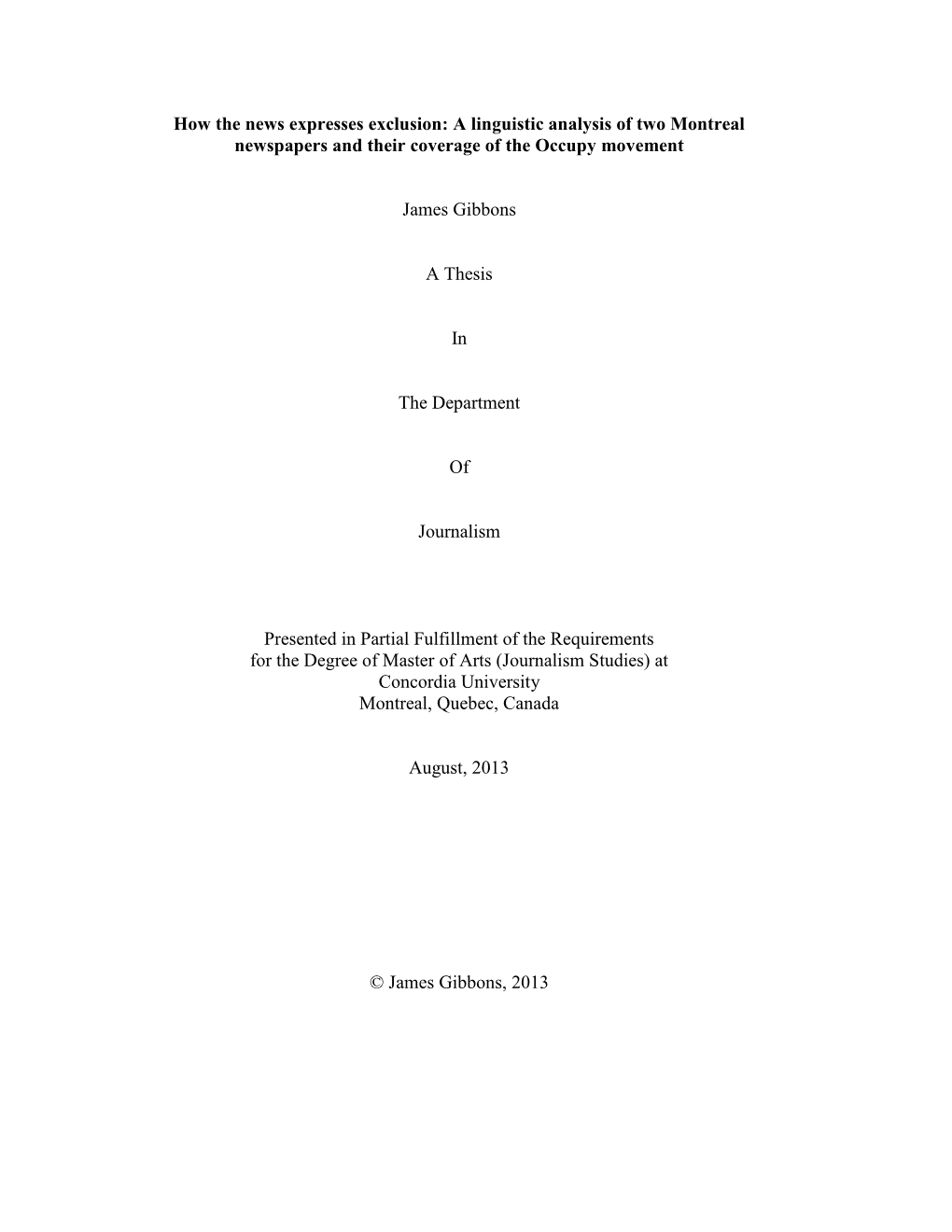 A Linguistic Analysis of Two Montreal Newspapers and Their Coverage of the Occupy Movement