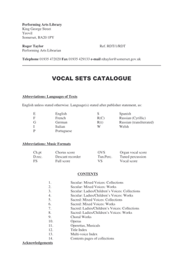 MUSIC CATALOGUE VOCAL Setsfulldocumentpdf