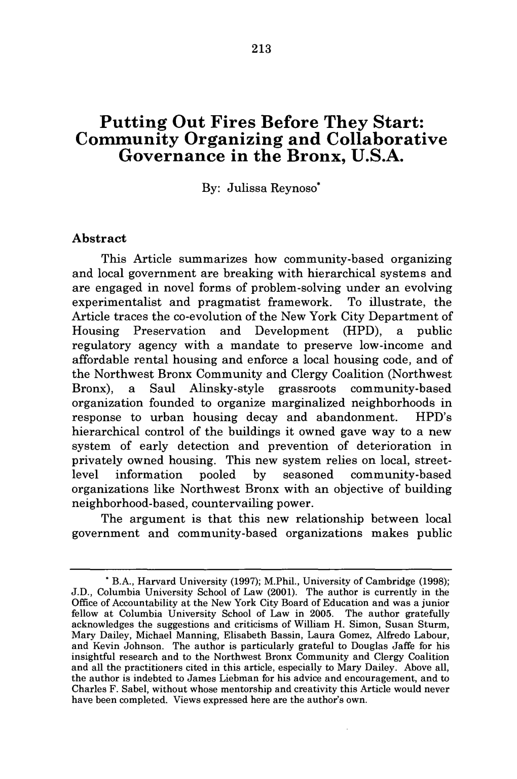 Putting out Fires Before They Start: Community Organizing and Collaborative Governance in the Bronx, U.S.A