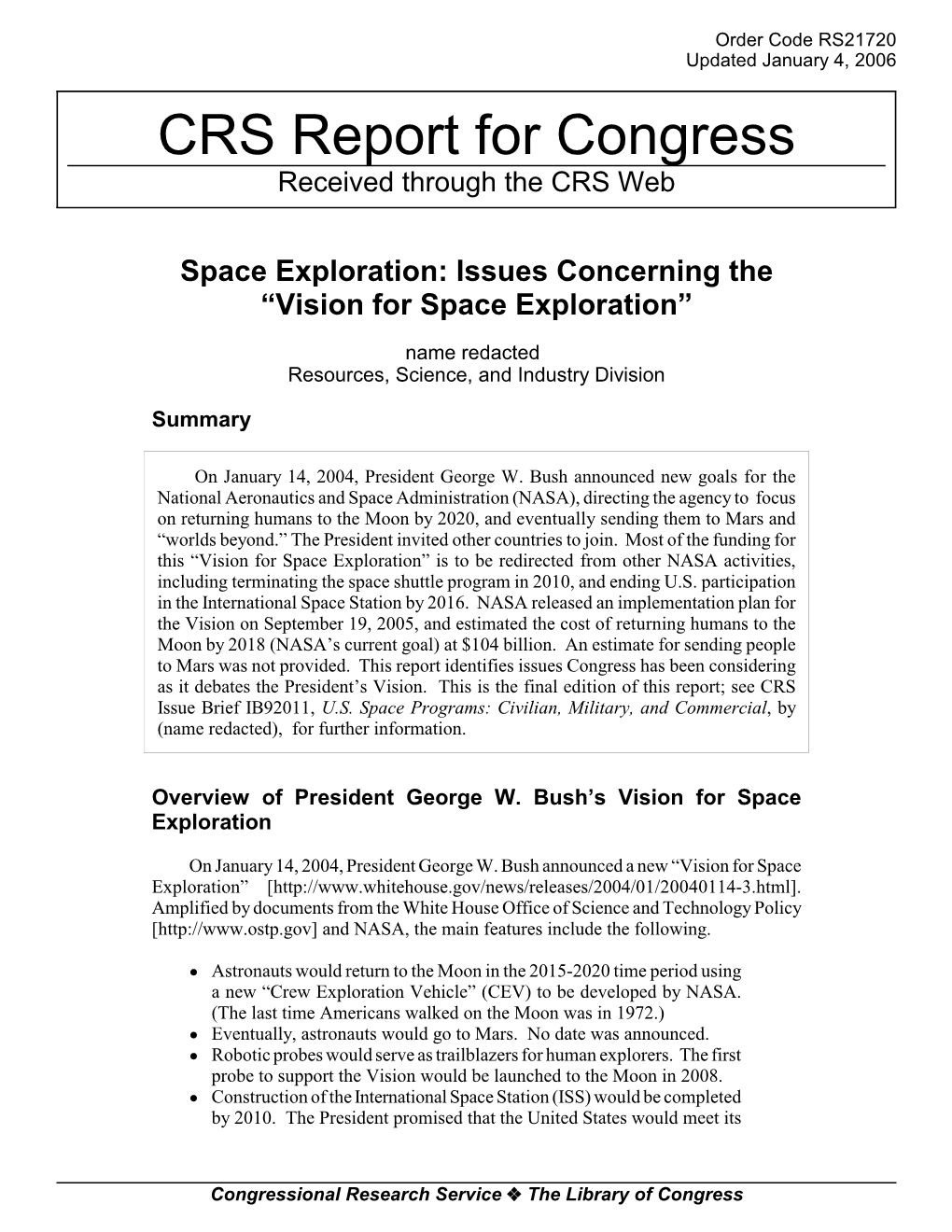 Space Exploration: Issues Concerning the “Vision for Space Exploration”
