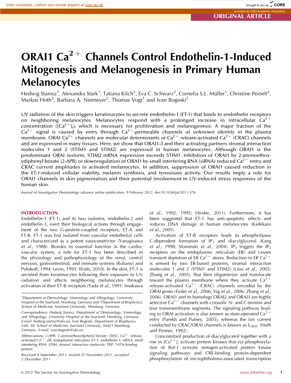 ORAI1 Ca Channels Control Endothelin-1-Induced Mitogenesis