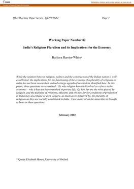 Working Paper Number 82 India's Religious Pluralism and Its