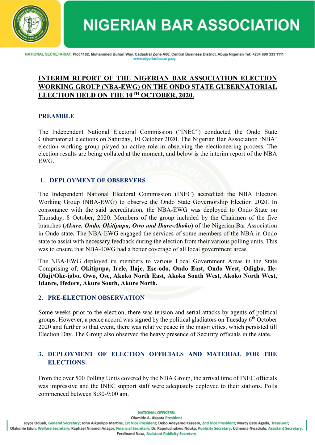 (Nba-Ewg) on the Ondo State Gubernatorial Election Held on the 10Th October, 2020