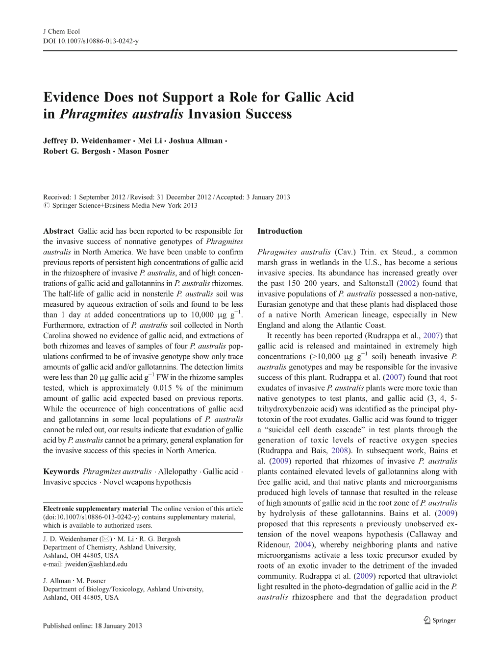 Evidence Does Not Support a Role for Gallic Acid in Phragmites Australis Invasion Success