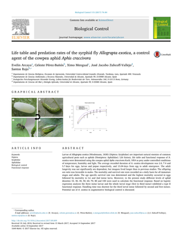 Life Table and Predation Rates of the Syrphid Fly Allograpta Exotica, A