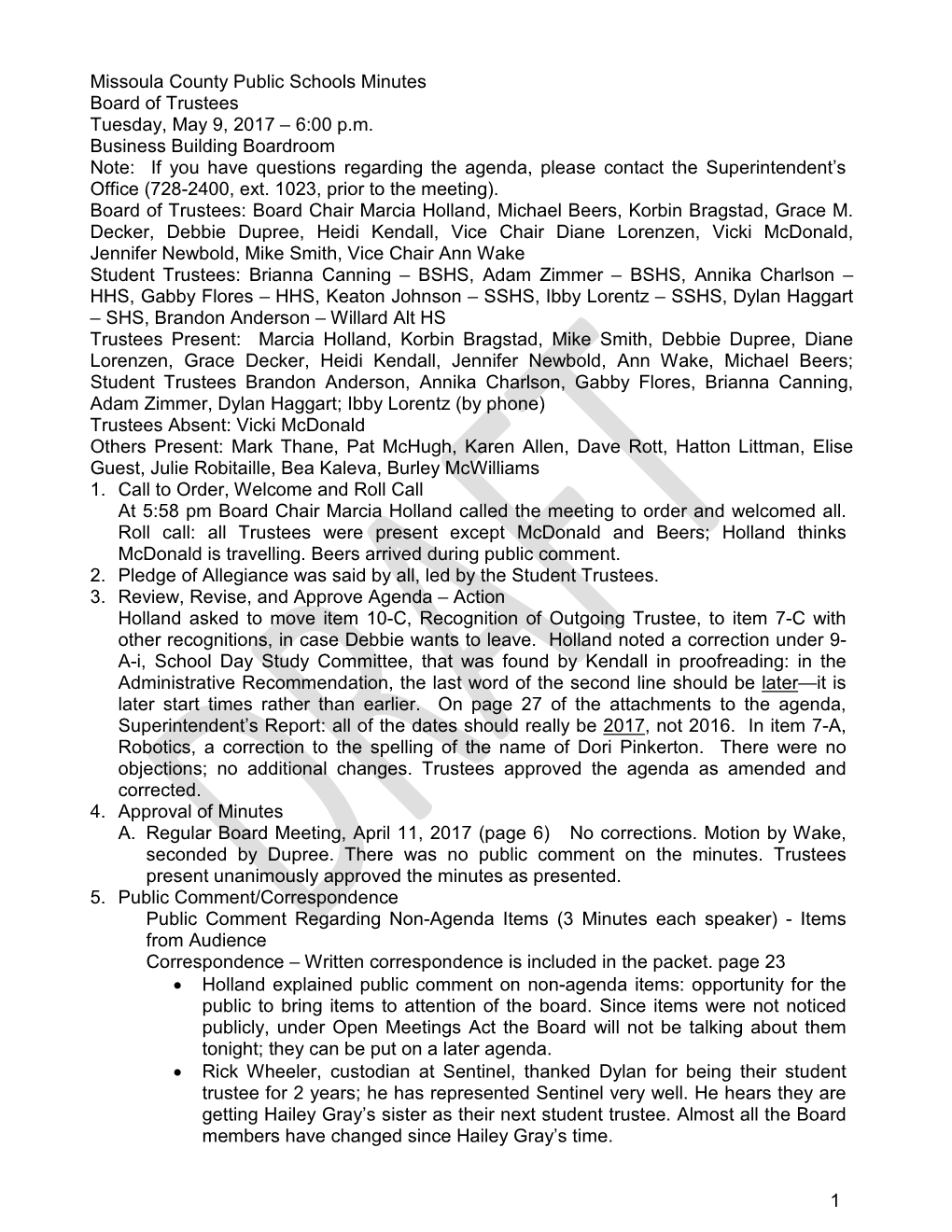 Missoula County Public Schools BOT Minutes 5-9-17