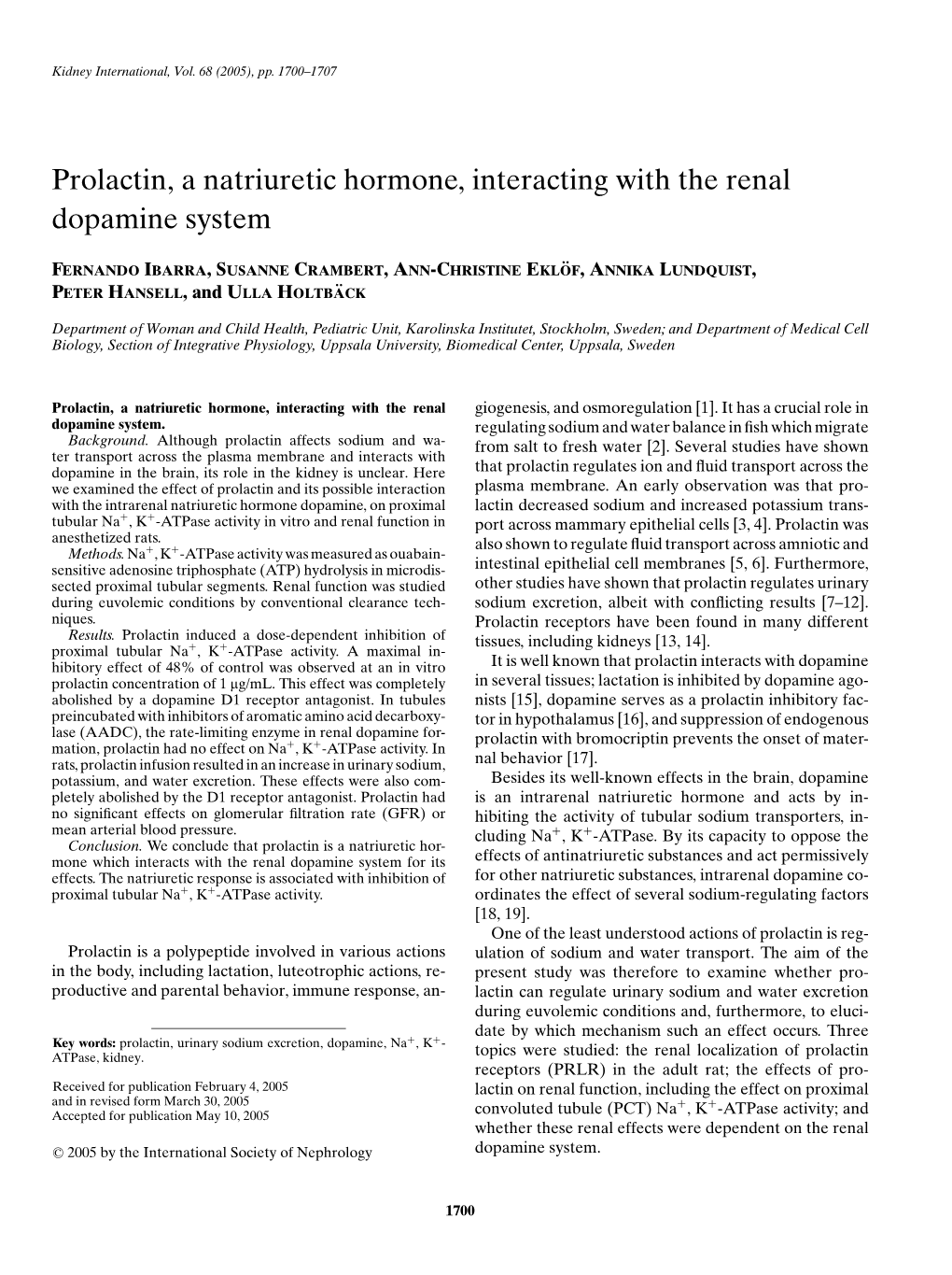 Prolactin, a Natriuretic Hormone, Interacting with the Renal Dopamine System