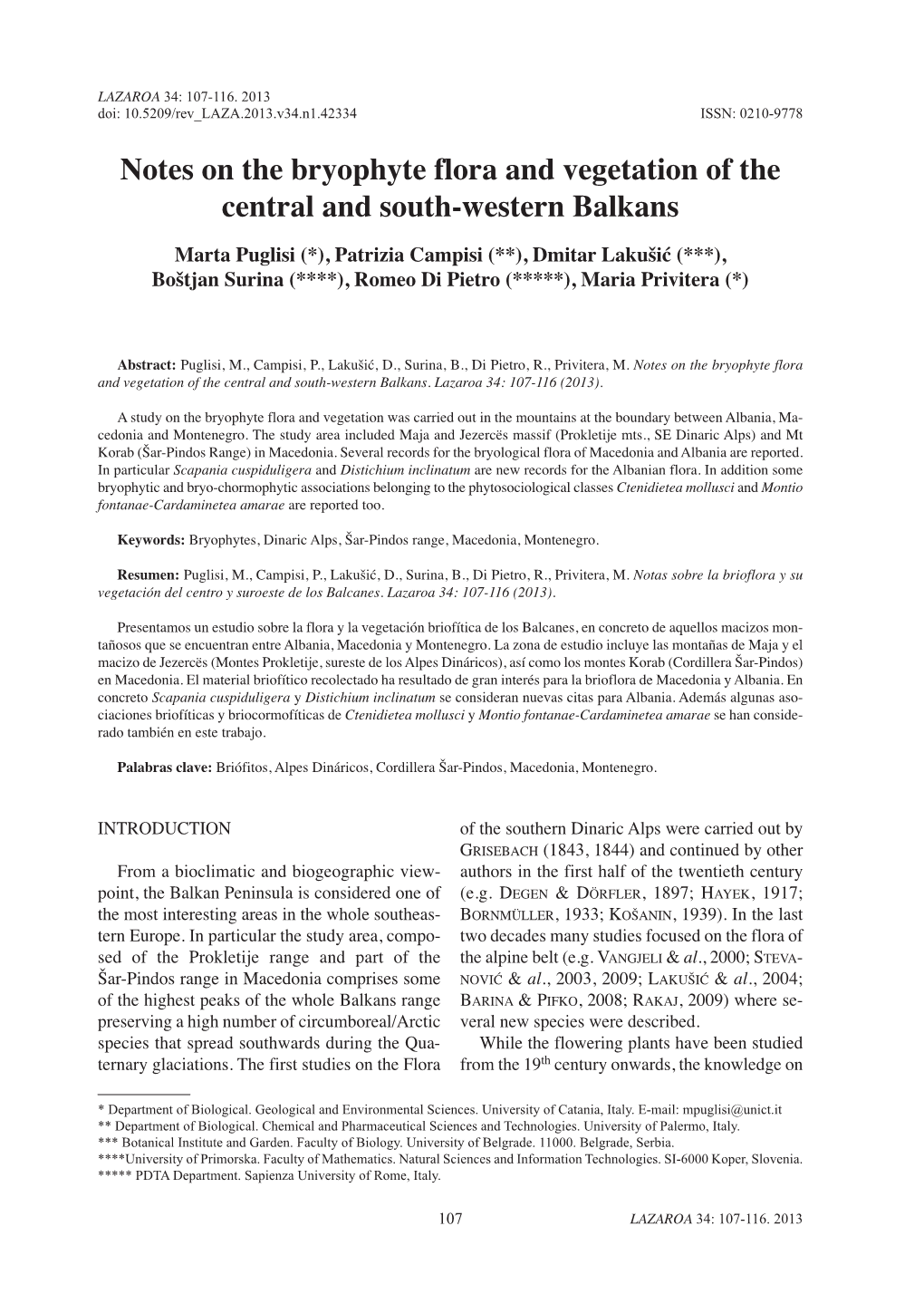 Notes on the Bryophyte Flora and Vegetation of the Central and South