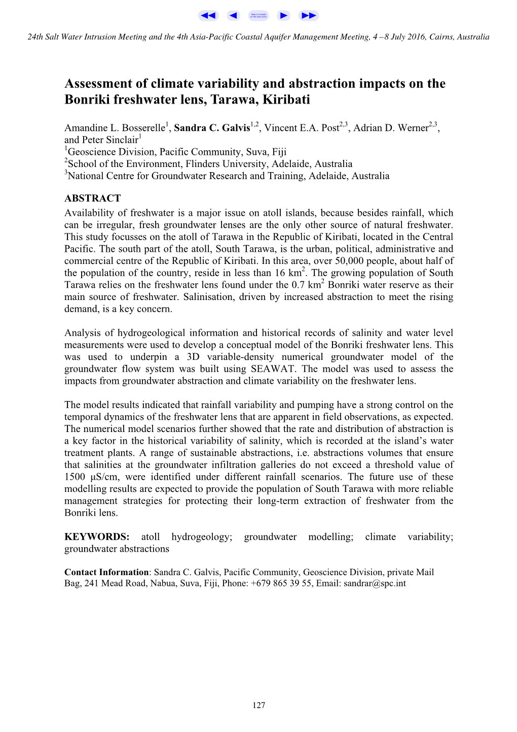 Assessment of Climate Variability and Abstraction Impacts on the Bonriki Freshwater Lens, Tarawa, Kiribati