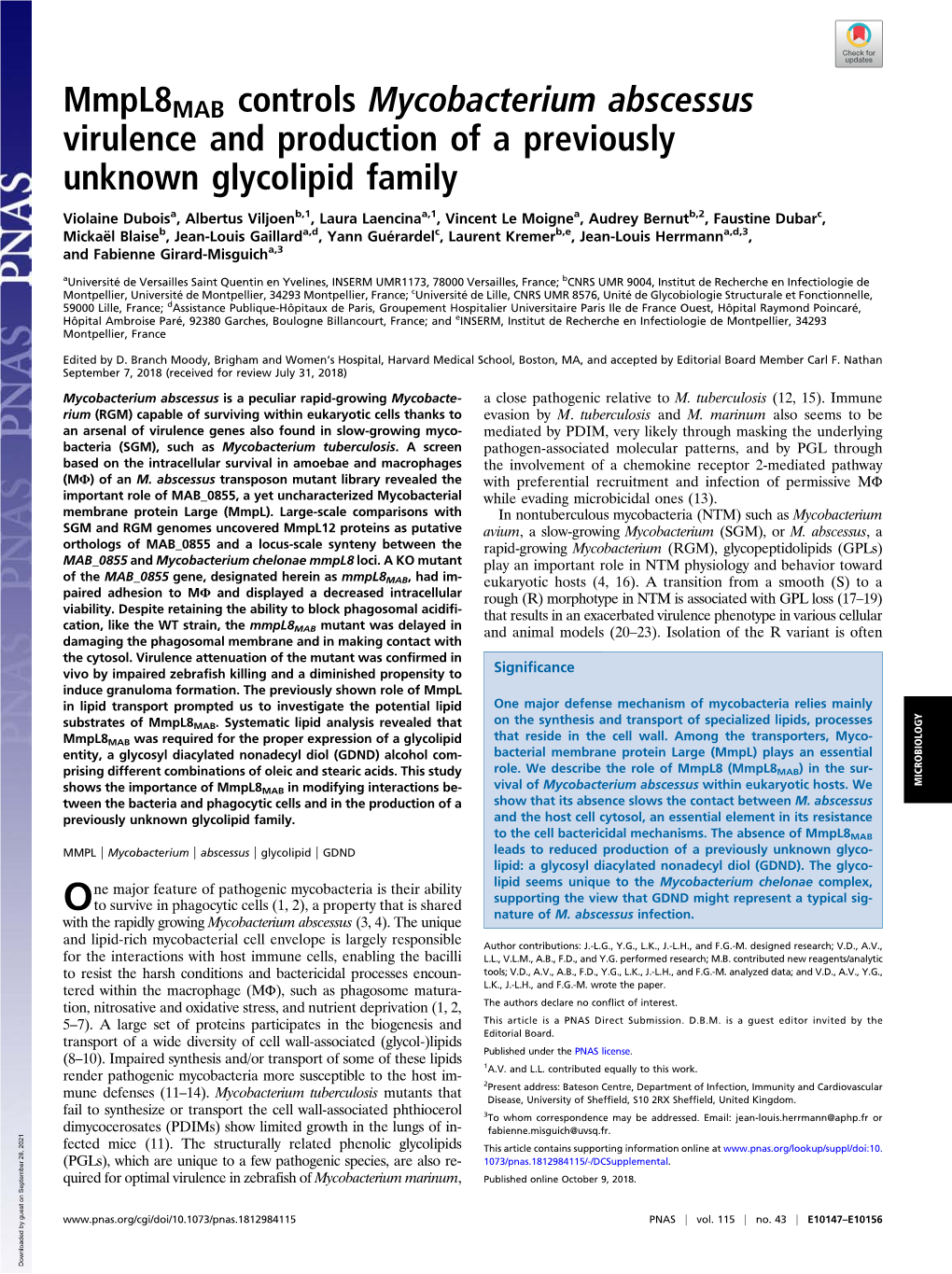 Mmpl8mab Controls Mycobacterium Abscessus Virulence and Production of a Previously Unknown Glycolipid Family