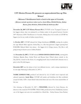 UTV Motion Pictures Plc Presents an Unprecedented Line-Up This Winter!