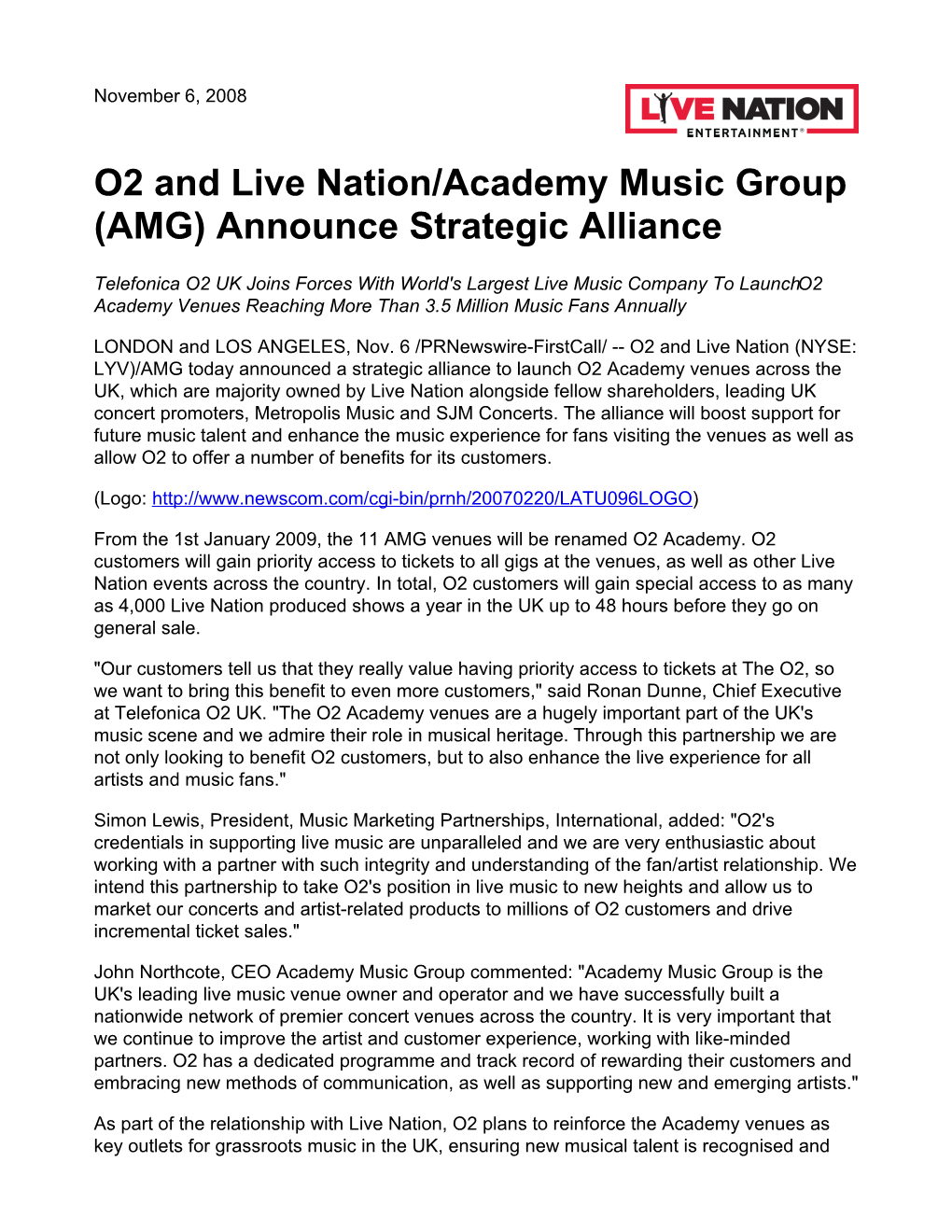 O2 and Live Nation/Academy Music Group (AMG) Announce Strategic Alliance