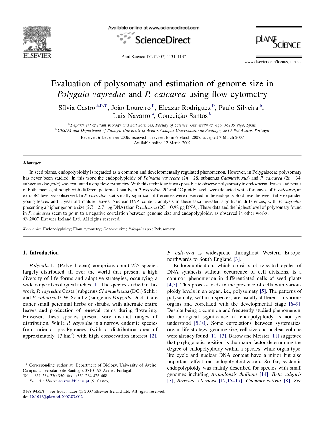 Evaluation of Polysomaty and Estimation of Genome Size in Polygala Vayredae and P. Calcarea Using Flow Cytometry