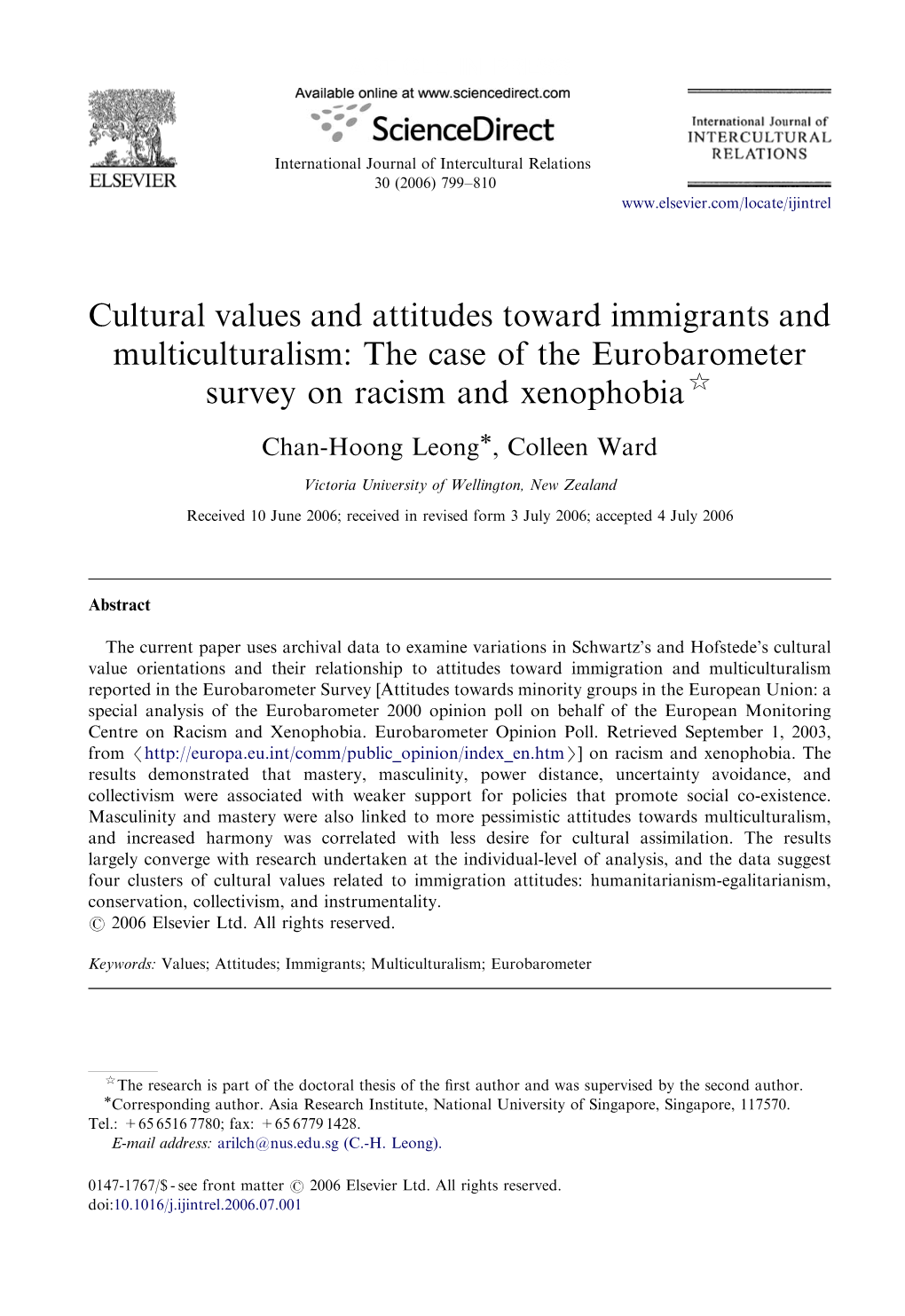 Cultural Values and Attitudes Toward Immigrants and Multiculturalism: the Case of the Eurobarometer Survey on Racism and Xenophobia$