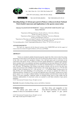 Breeding Biology of African Grey Parrot (Psittacus Erithacus) in Kom National Park (South-Cameroon) and Implications to the Species Conservation