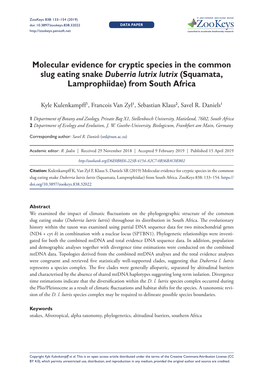 Molecular Evidence for Cryptic Species in the Common Slug Eating Snake Duberria Lutrix Lutrix (Squamata, Lamprophiidae) from South Africa