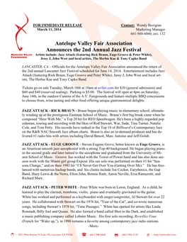 Antelope Valley Fair Association Announces the 2Nd Annual Jazz