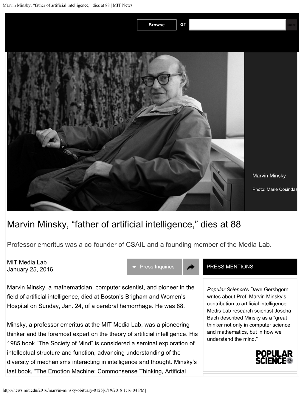 Marvin Minsky, “Father of Artificial Intelligence,” Dies at 88 | MIT News