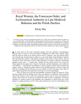 Royal Women, the Franciscan Order, and Ecclesiastical Authority in Late Medieval Bohemia and the Polish Duchies