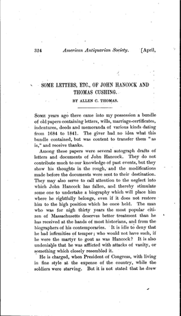 Some Letters, Etc., of John Hancock and Thomas Cushing. ' by Allen C