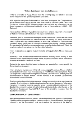 Written Submission from Nicola Sturgeon I Refer to Your Letter of 7