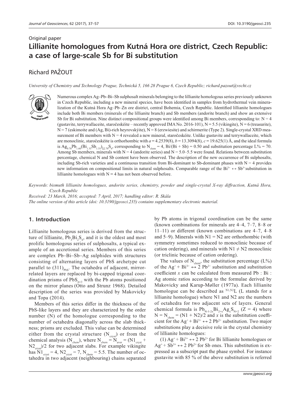 Lillianite Homologues from Kutná Hora Ore District, Czech Republic: a Case of Large-Scale Sb for Bi Substitution