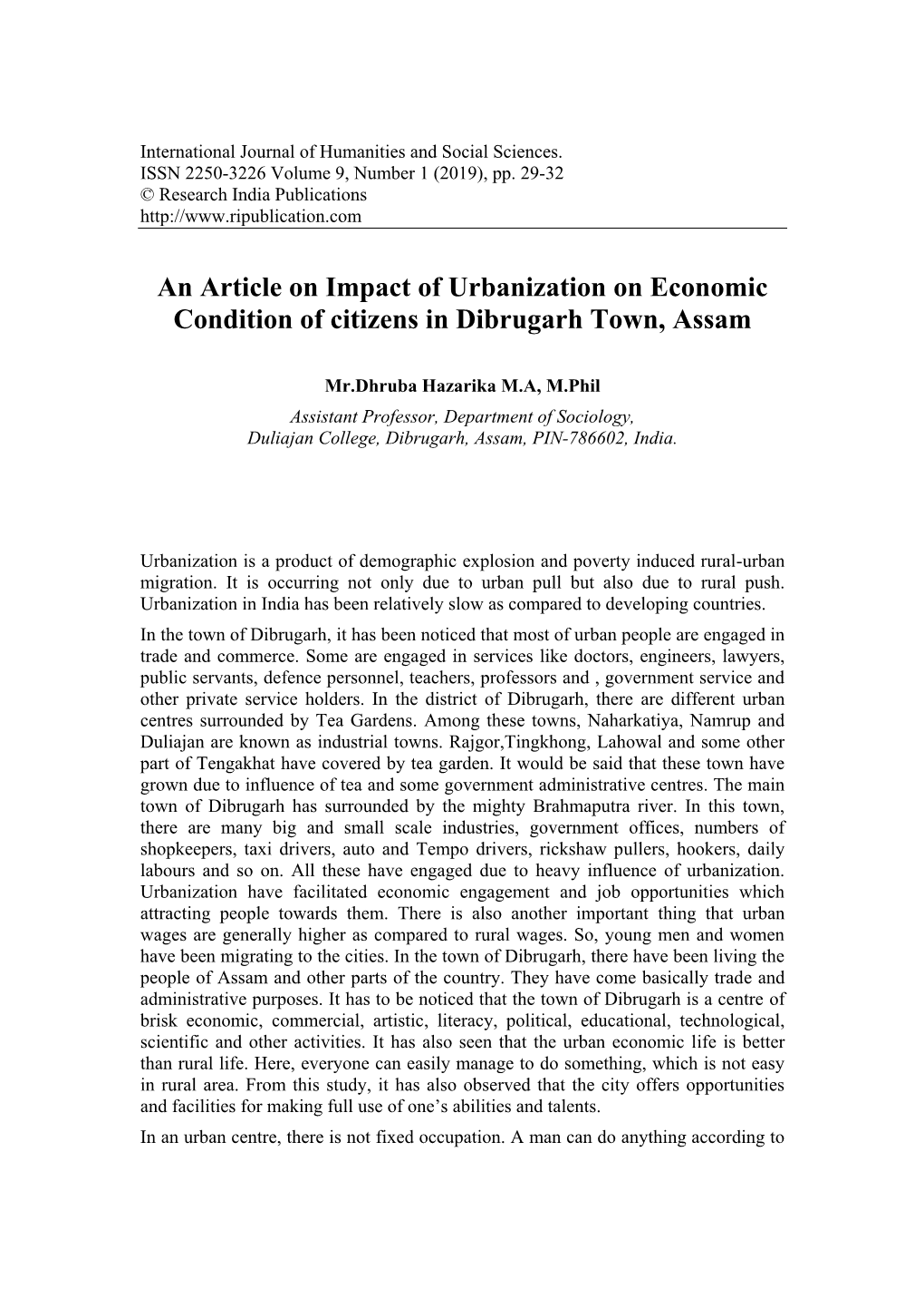 An Article on Impact of Urbanization on Economic Condition of Citizens in Dibrugarh Town, Assam