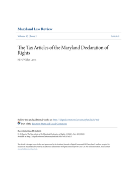 The Tax Articles of the Maryland Declaration of Rights, 13 Md