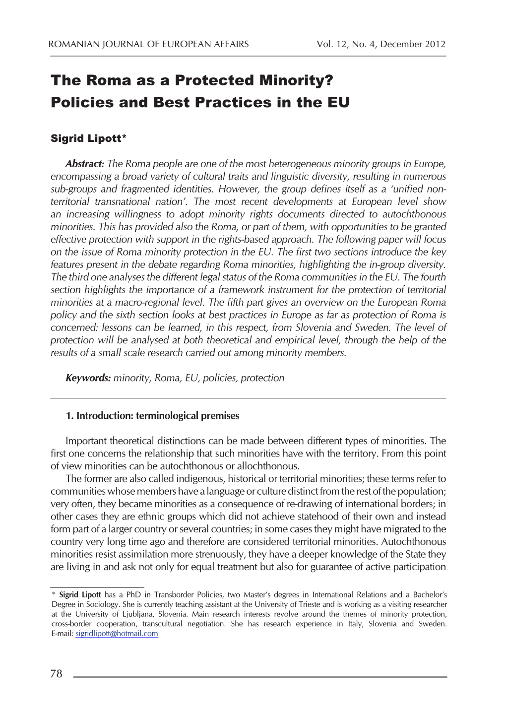 The Roma As a Protected Minority? Policies and Best Practices in the EU