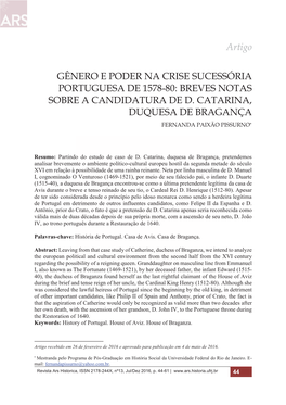 Gênero E Poder Na Crise Sucessória Portuguesa De 1578-80: Breves Notas Sobre a Candidatura De D